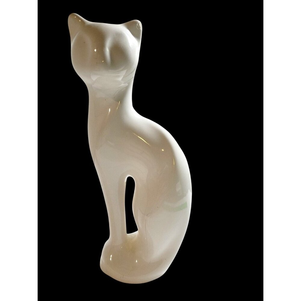 Vintage White Porcelain Cat Figurine Retro Feline Home Decor 8" Tall Minimalist